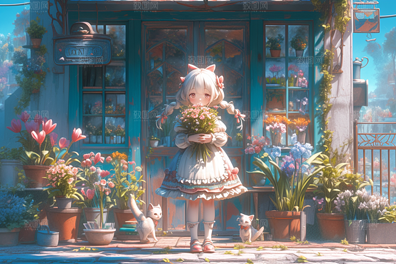 手捧鲜花的少女烂漫立体素材