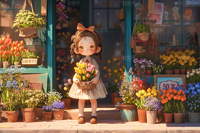 手捧鲜花的少女人物清新素材