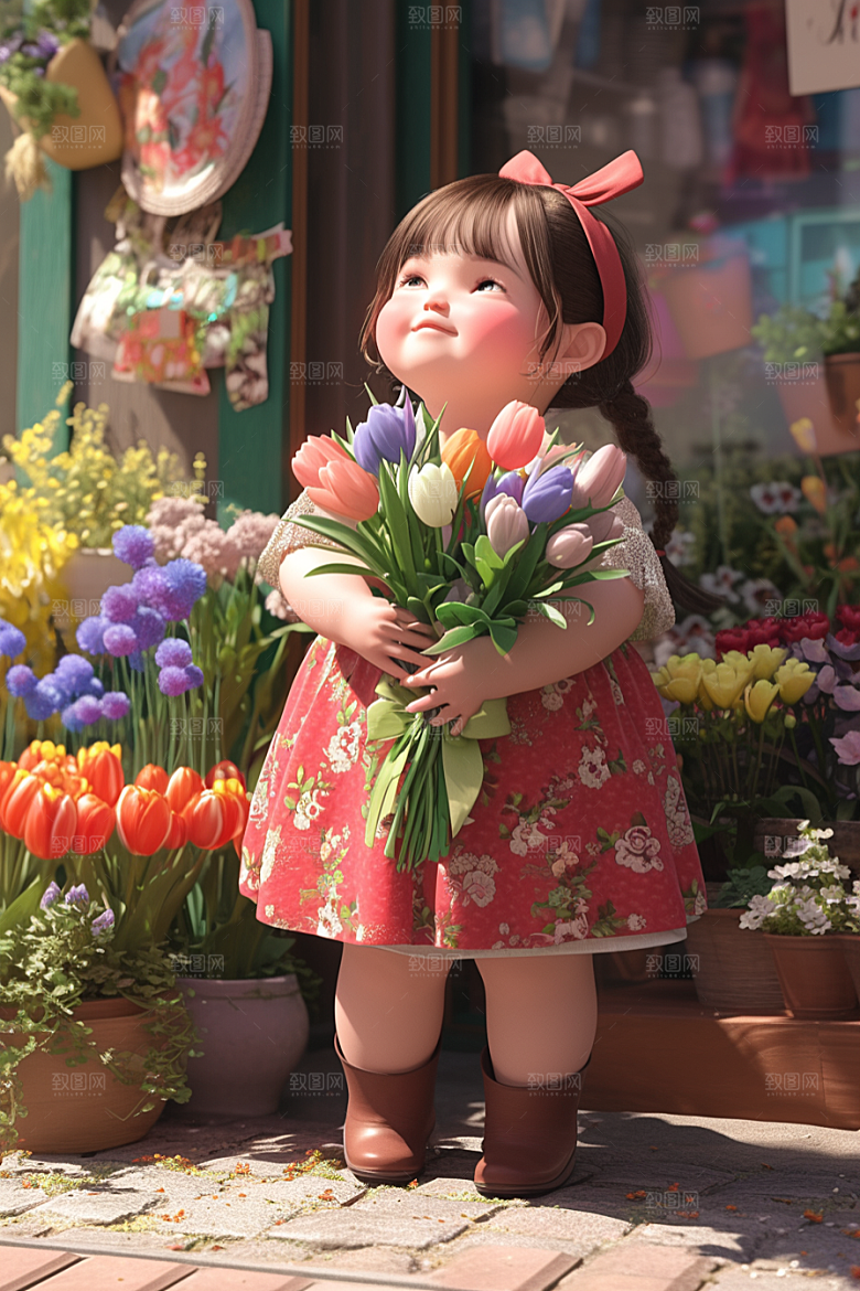 手捧鲜花的少女自然唯美素材