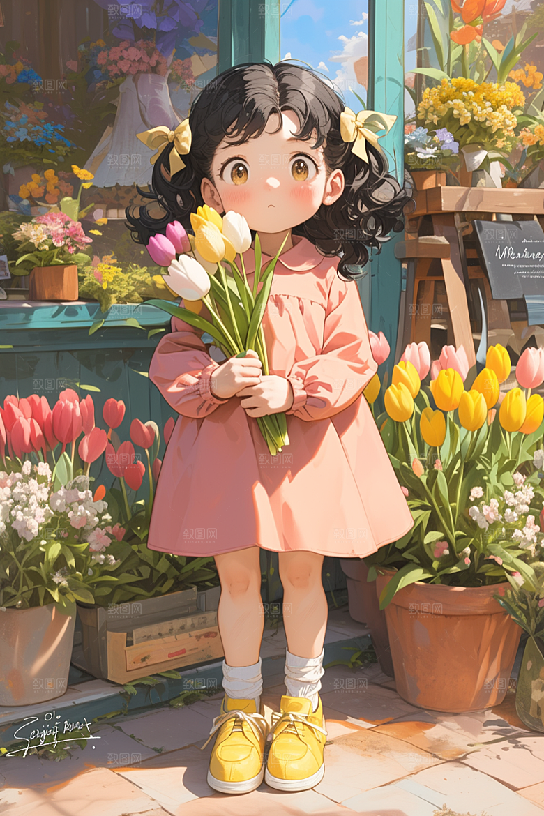 手捧鲜花的少女春天立体素材