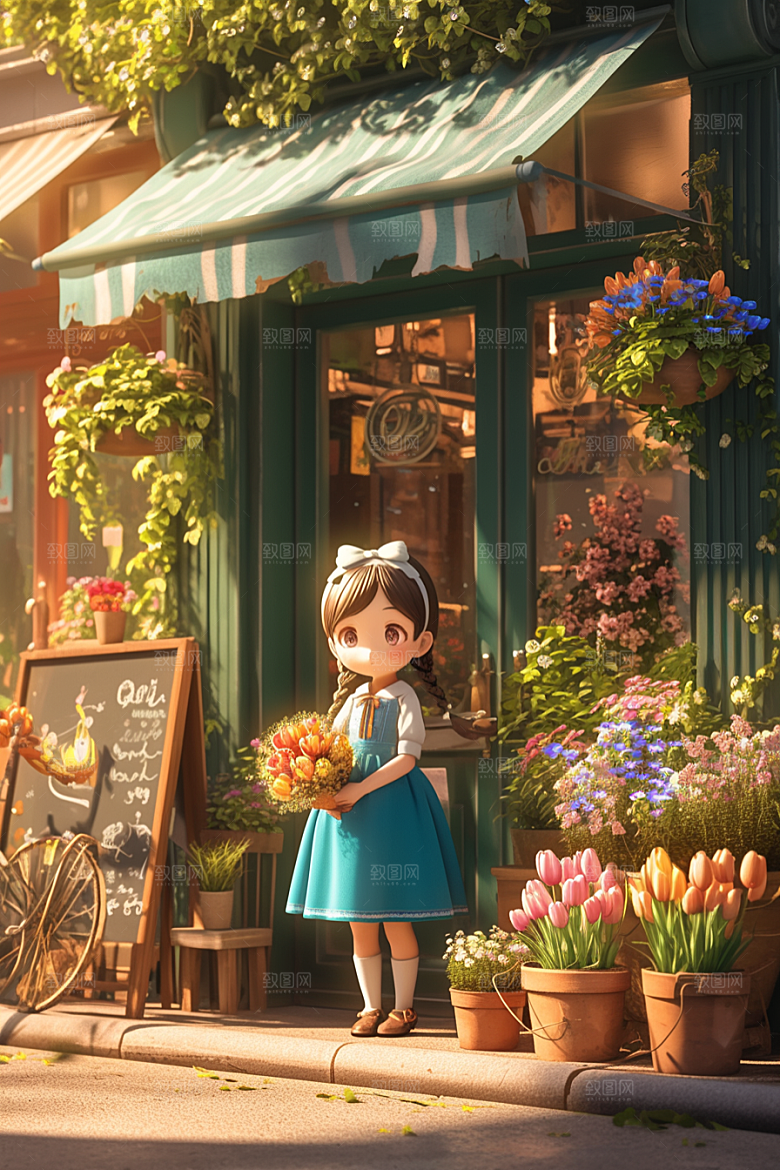 手捧鲜花的少女青春肖像素材