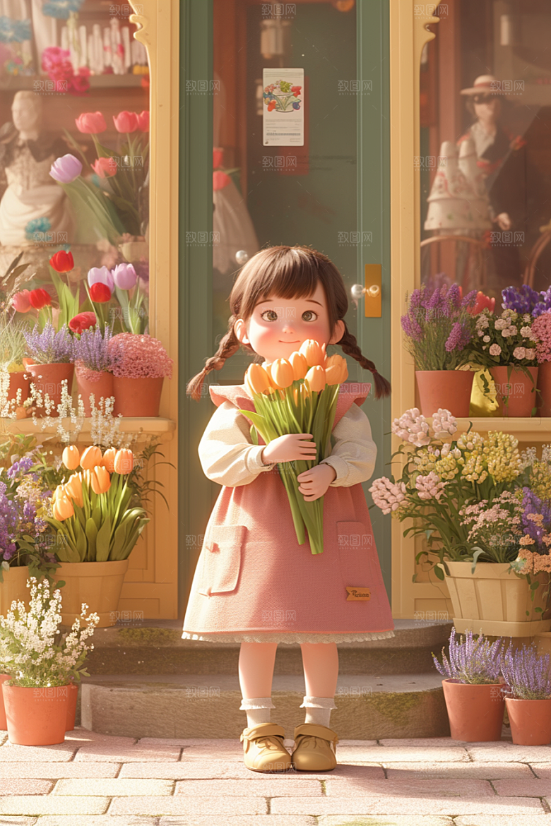 手捧鲜花的少女肖像模型素材