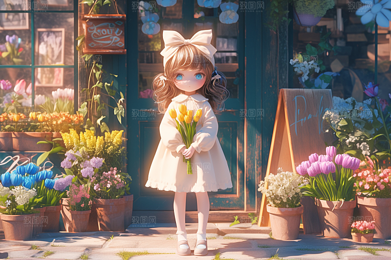 手捧鲜花的少女春天唯美素材