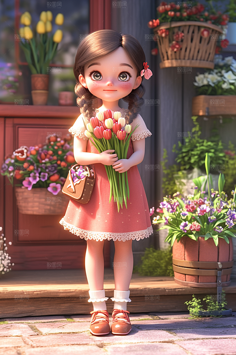 手捧鲜花的少女花朵自然素材