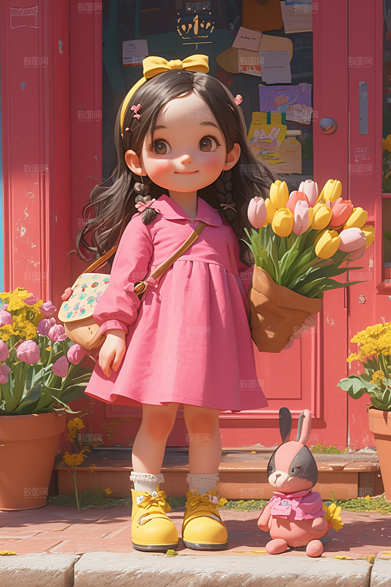 手捧鲜花的少女青春模型素材