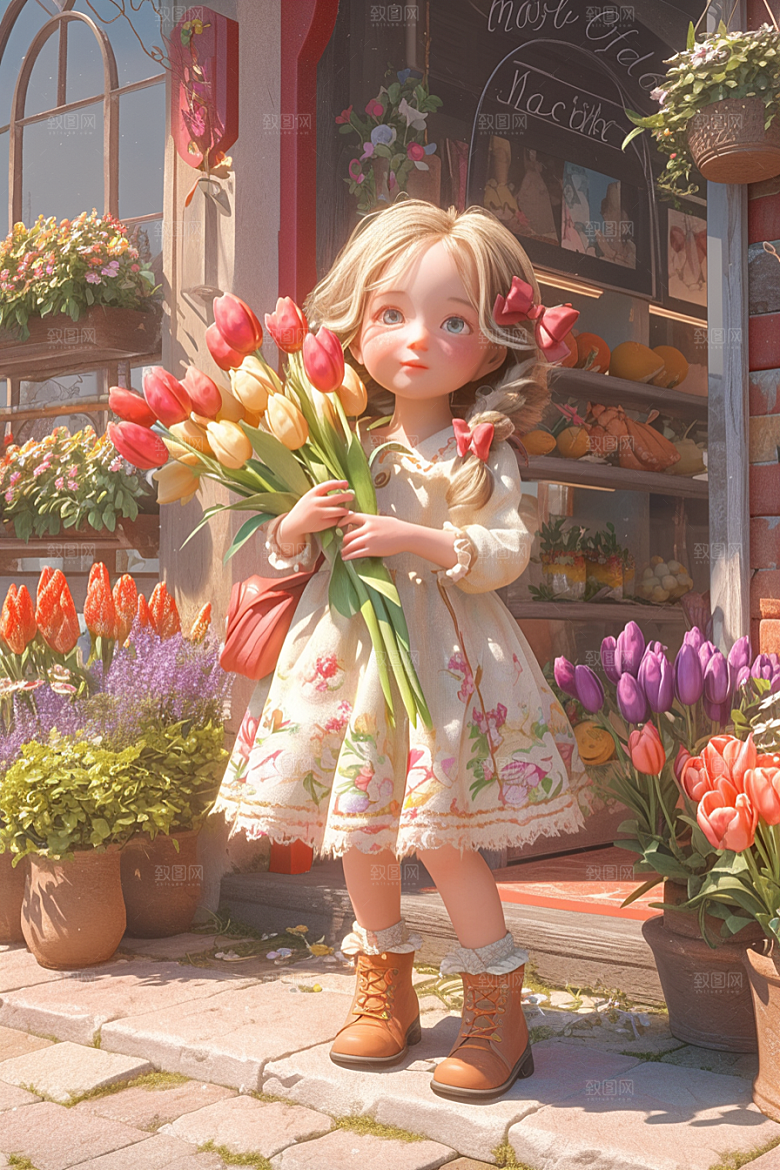 手捧鲜花的少女立体人物素材