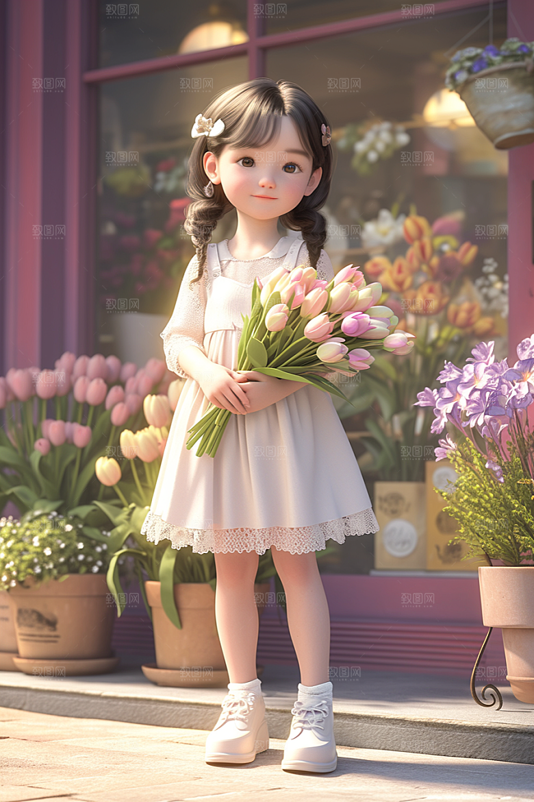 手捧鲜花的少女春天唯美素材