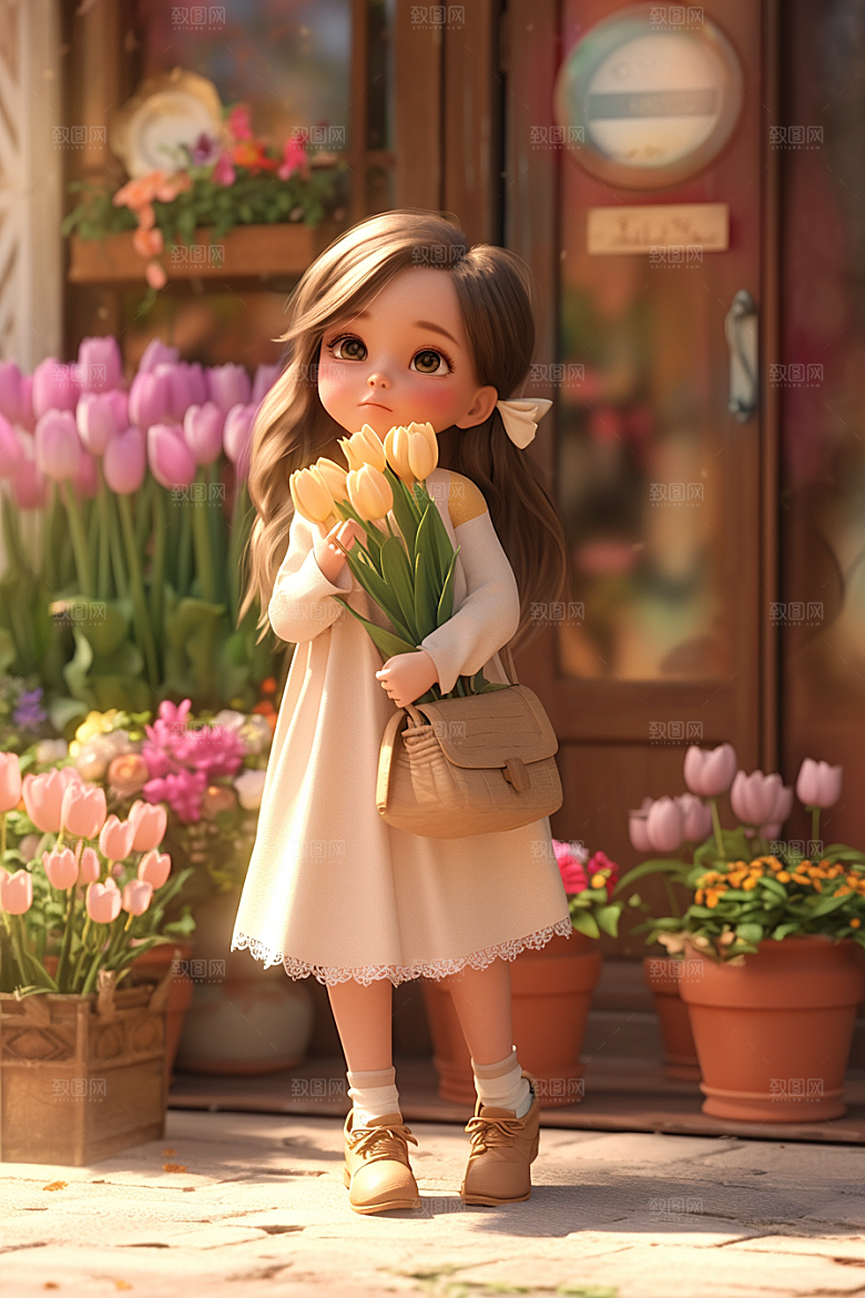 手捧鲜花的少女模型肖像素材