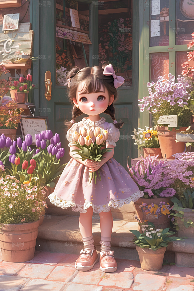 手捧鲜花的少女春天3D素材