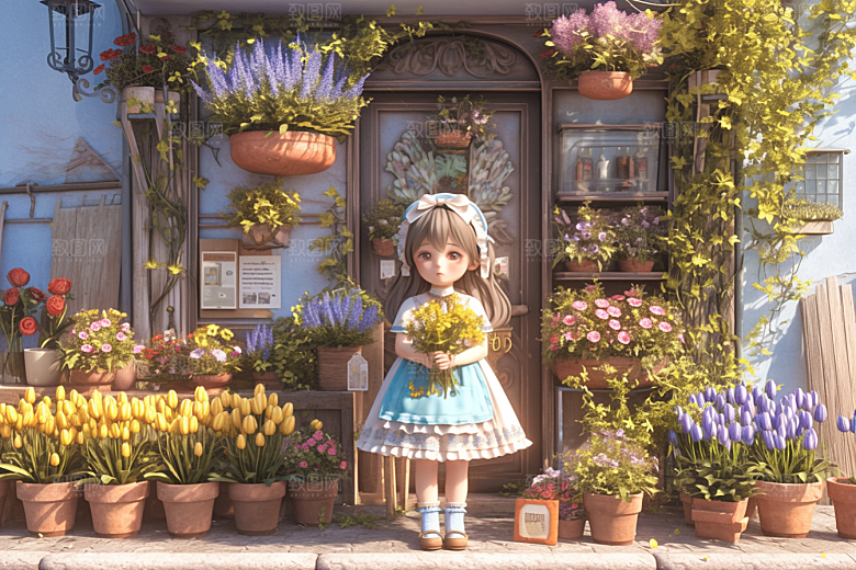 手捧鲜花的少女模型人物素材