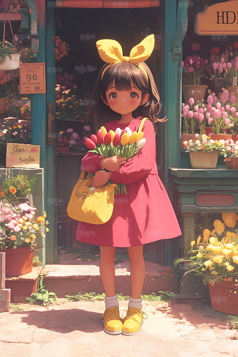 手捧鲜花的少女模型3D素材