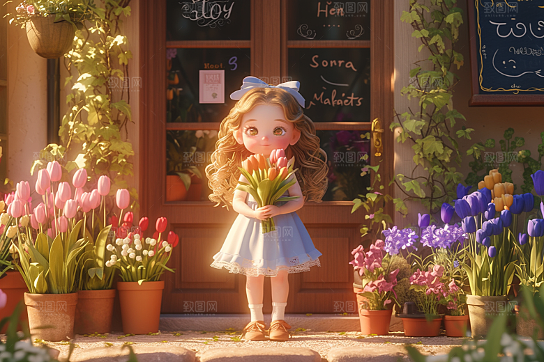 手捧鲜花的少女3D烂漫素材