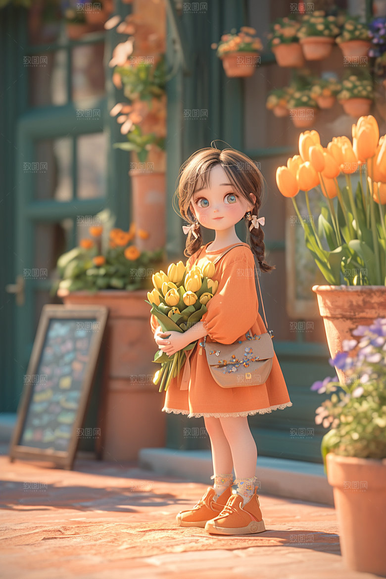 手捧鲜花的少女模型梦幻素材