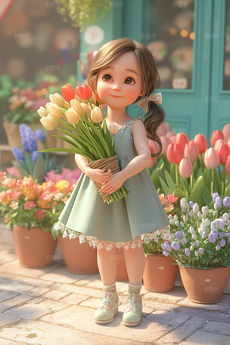 手捧鲜花的少女3D清新素材