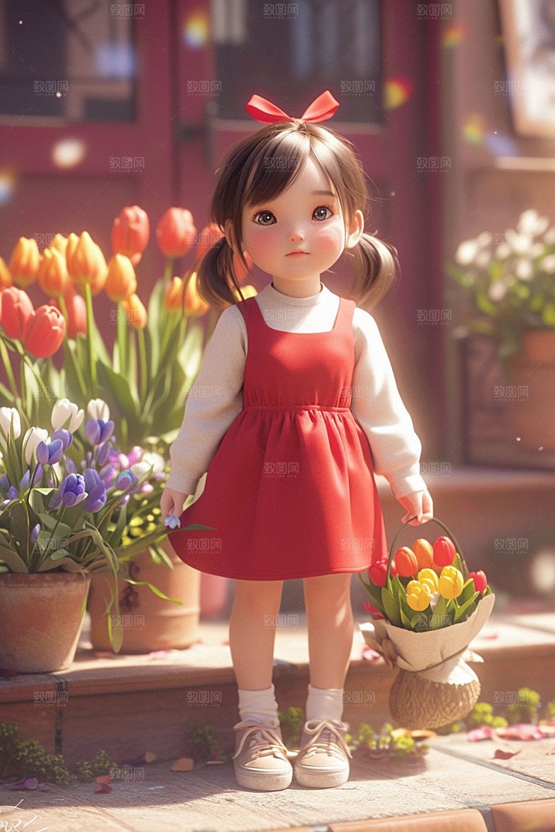 手捧鲜花的少女青春模型素材