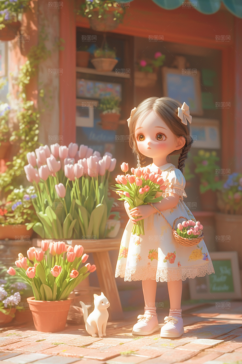 手捧鲜花的少女自然烂漫素材