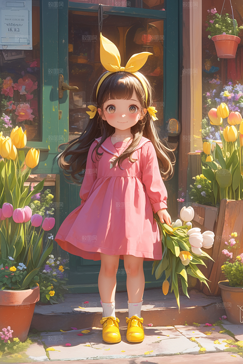 手捧鲜花的少女清新自然素材