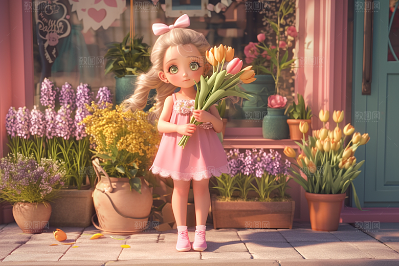 手捧鲜花的少女人物立体素材
