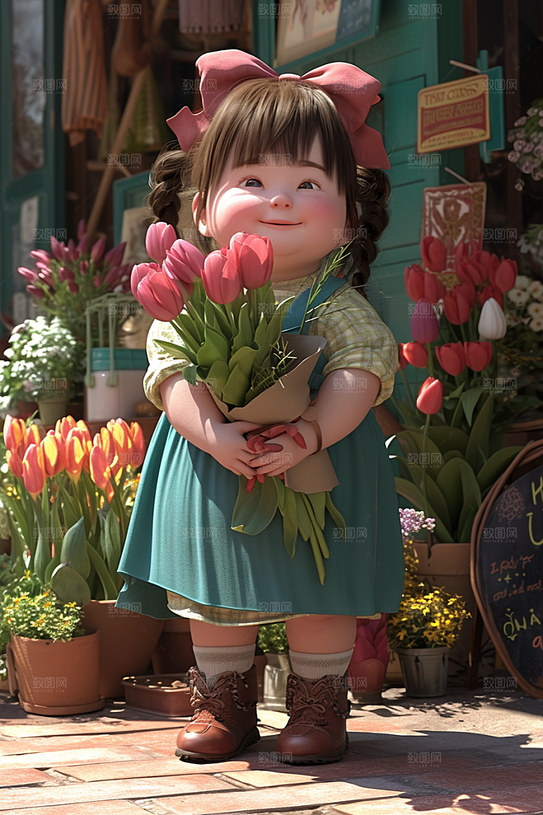 手捧鲜花的少女青春3D素材