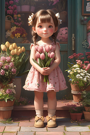 手捧鲜花的少女青春花朵素材