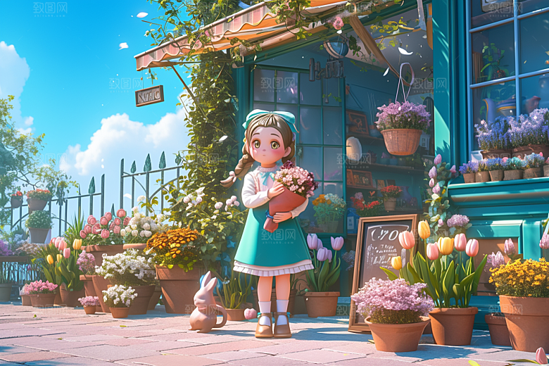 手捧鲜花的少女立体唯美素材