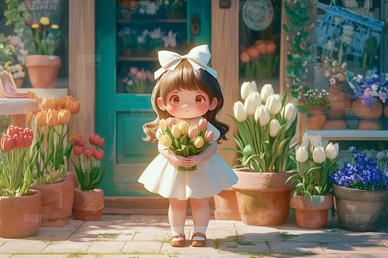 手捧鲜花的少女人物肖像素材