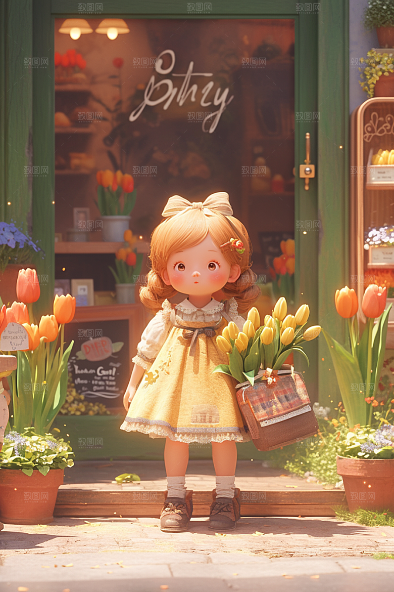手捧鲜花的少女烂漫唯美素材
