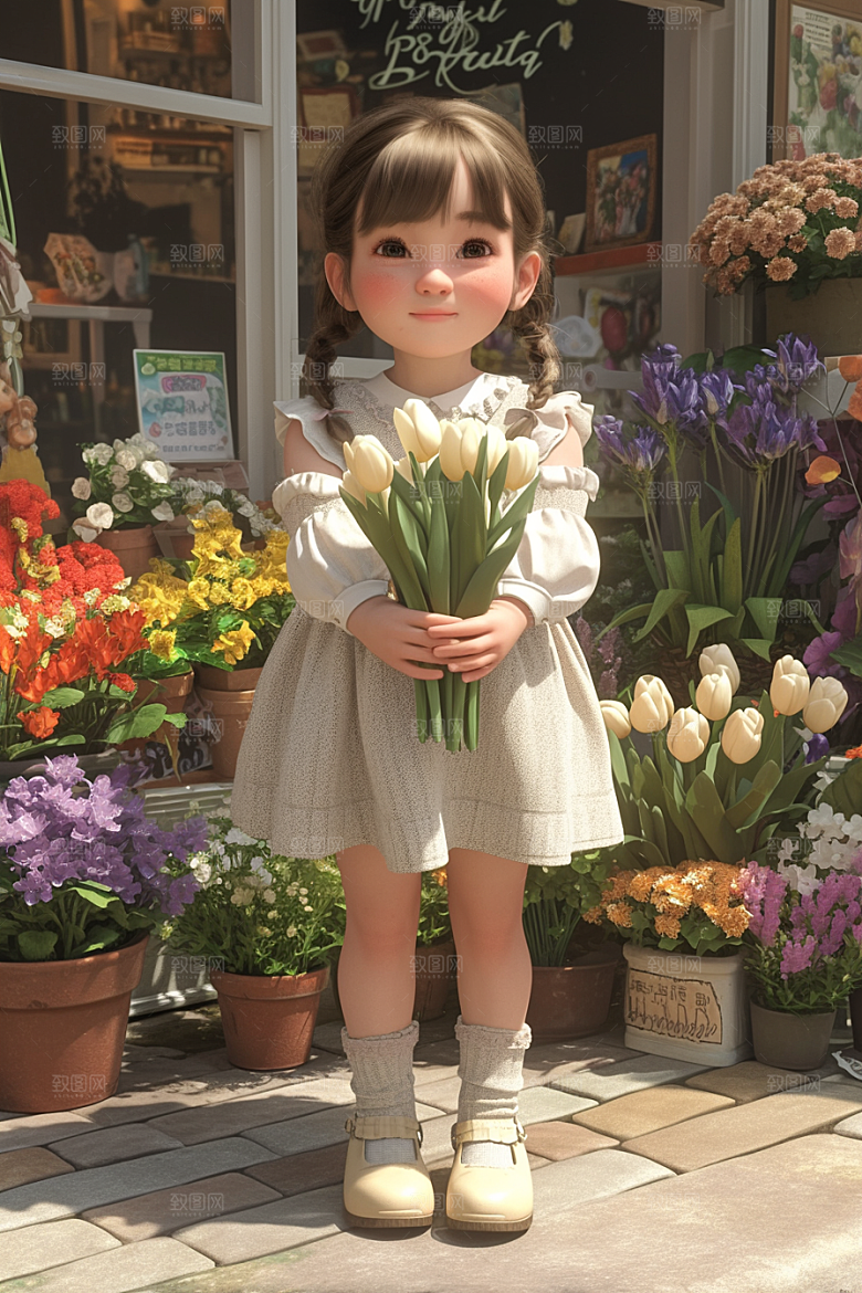 手捧鲜花的少女梦幻飞舞的裙摆素材