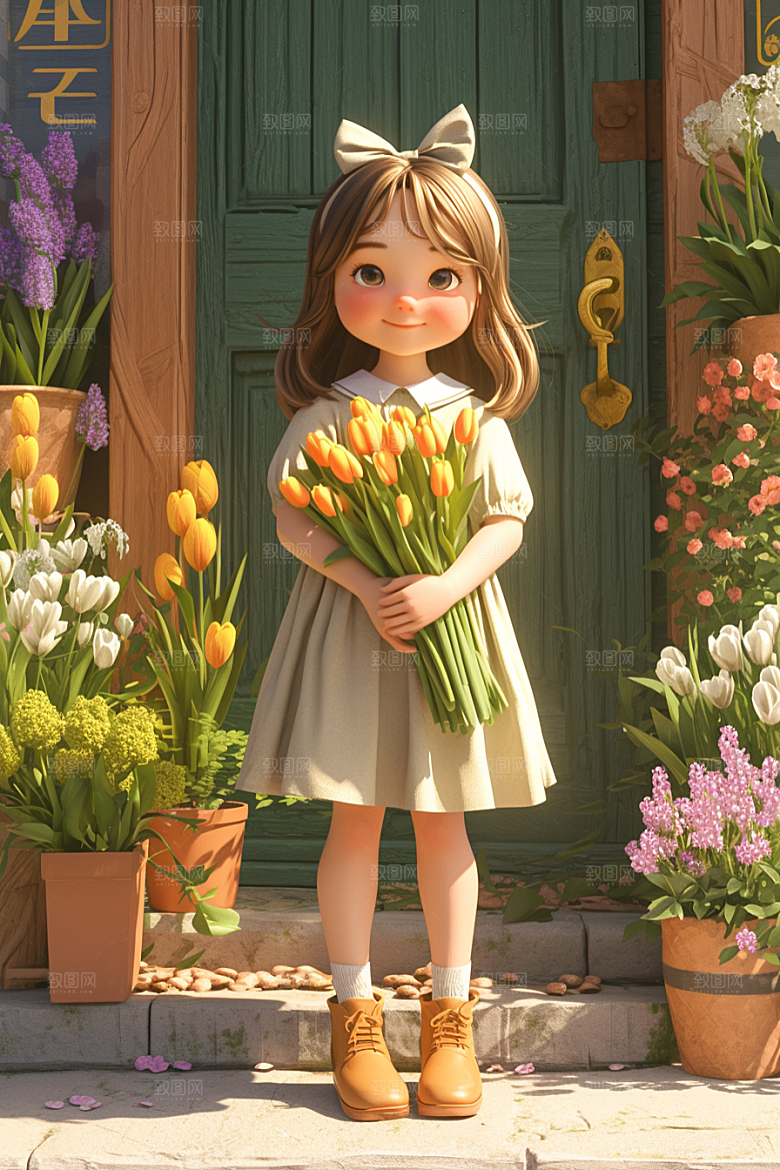 手捧鲜花的少女3D春天素材