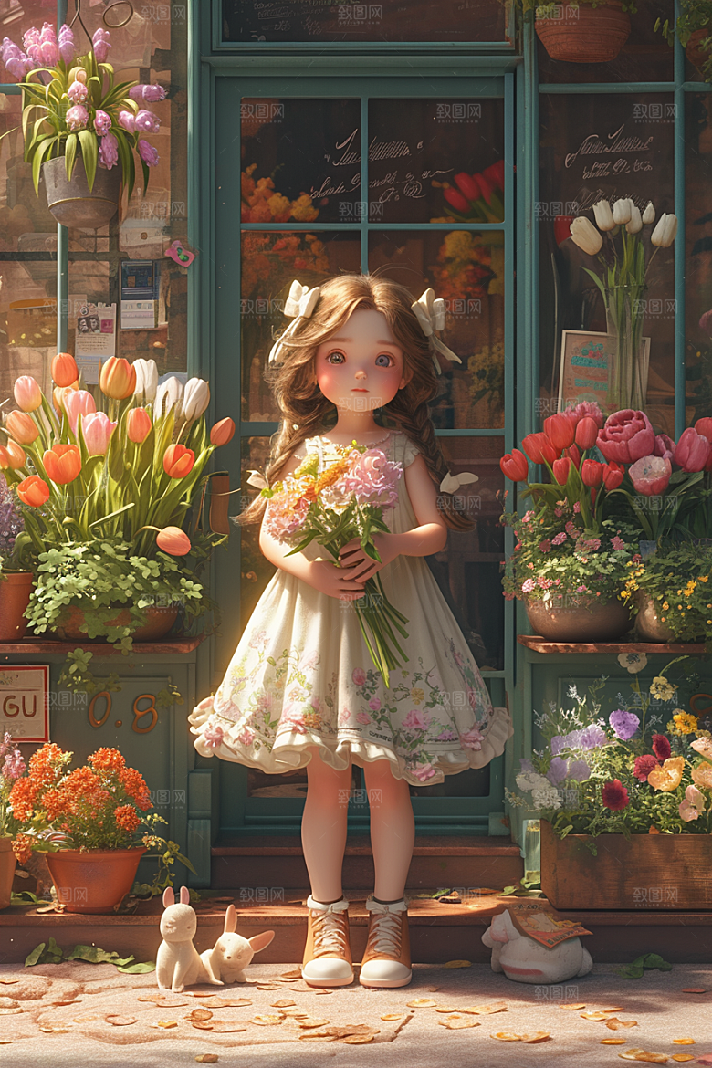 手捧鲜花的少女唯美花朵素材