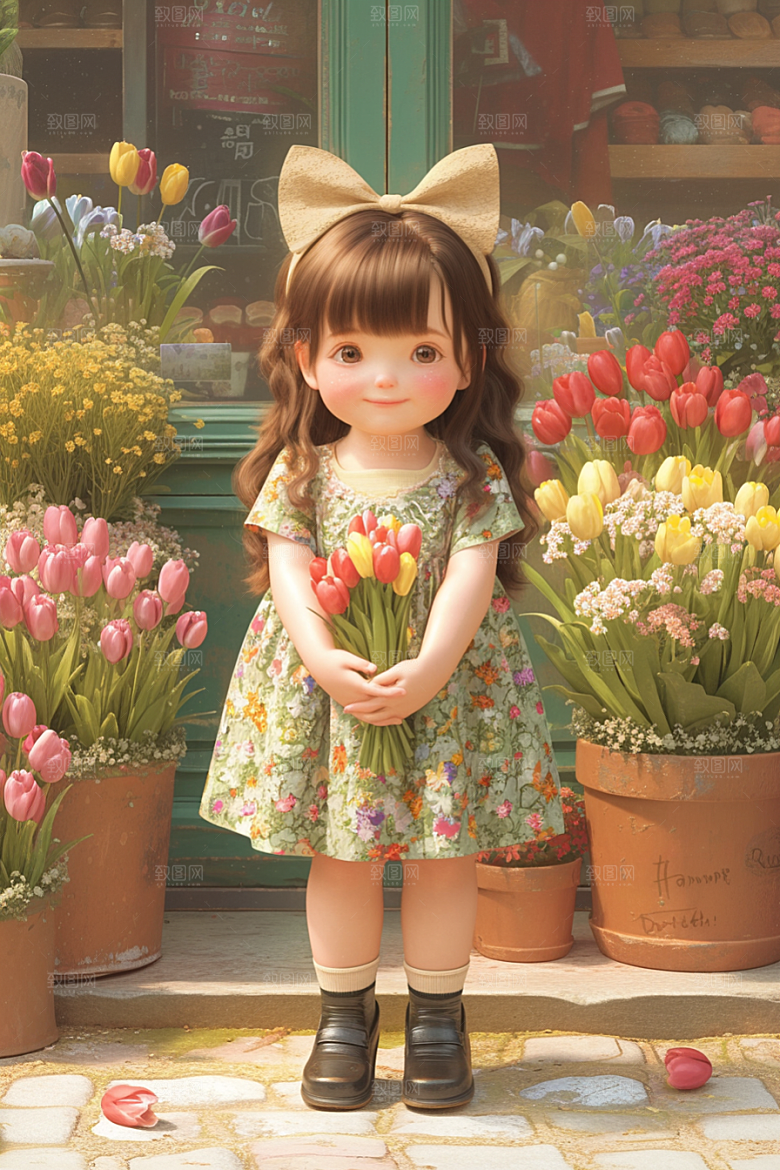 手捧鲜花的少女唯美青春素材
