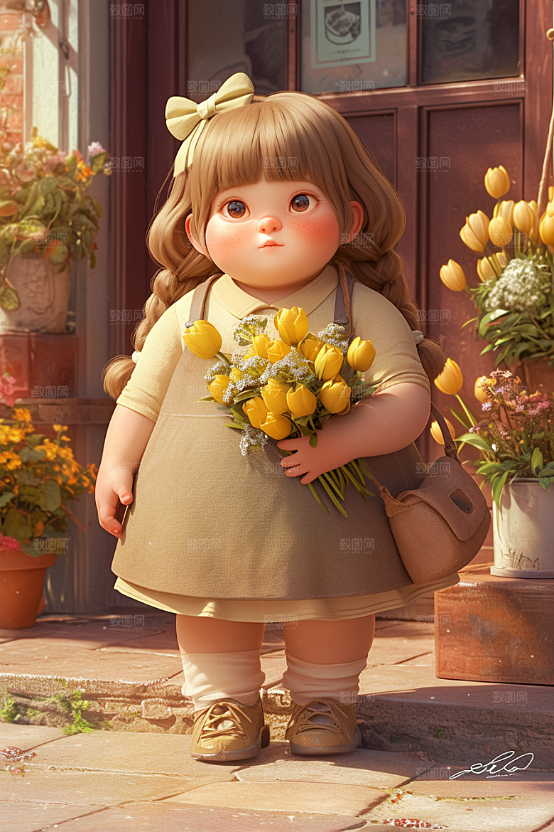 手捧鲜花的少女梦幻青春素材