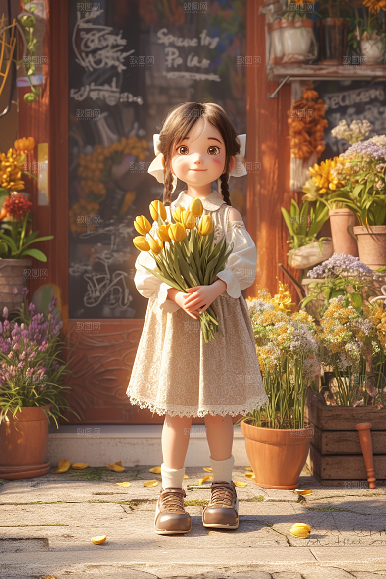 手捧鲜花的少女梦幻唯美素材