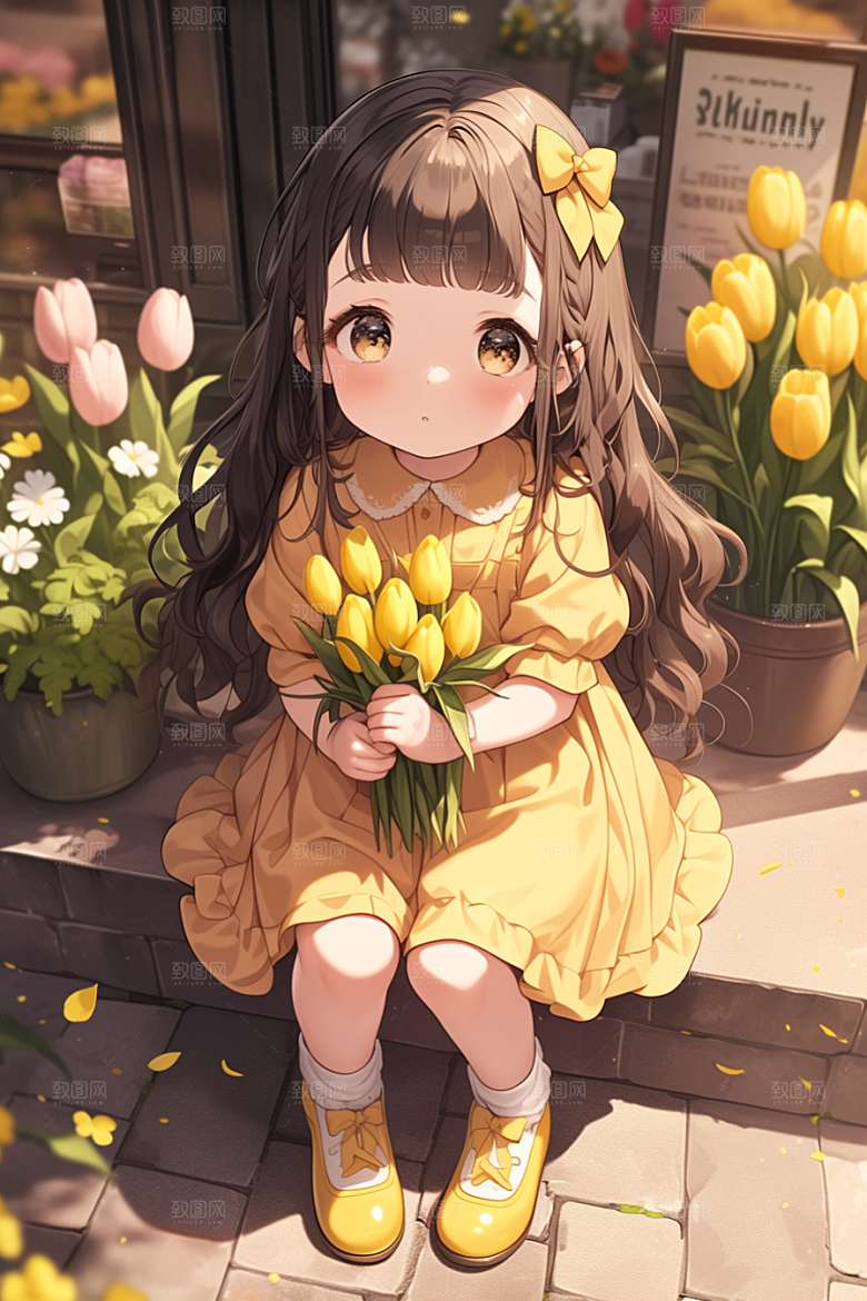 手捧鲜花的少女自然清新素材