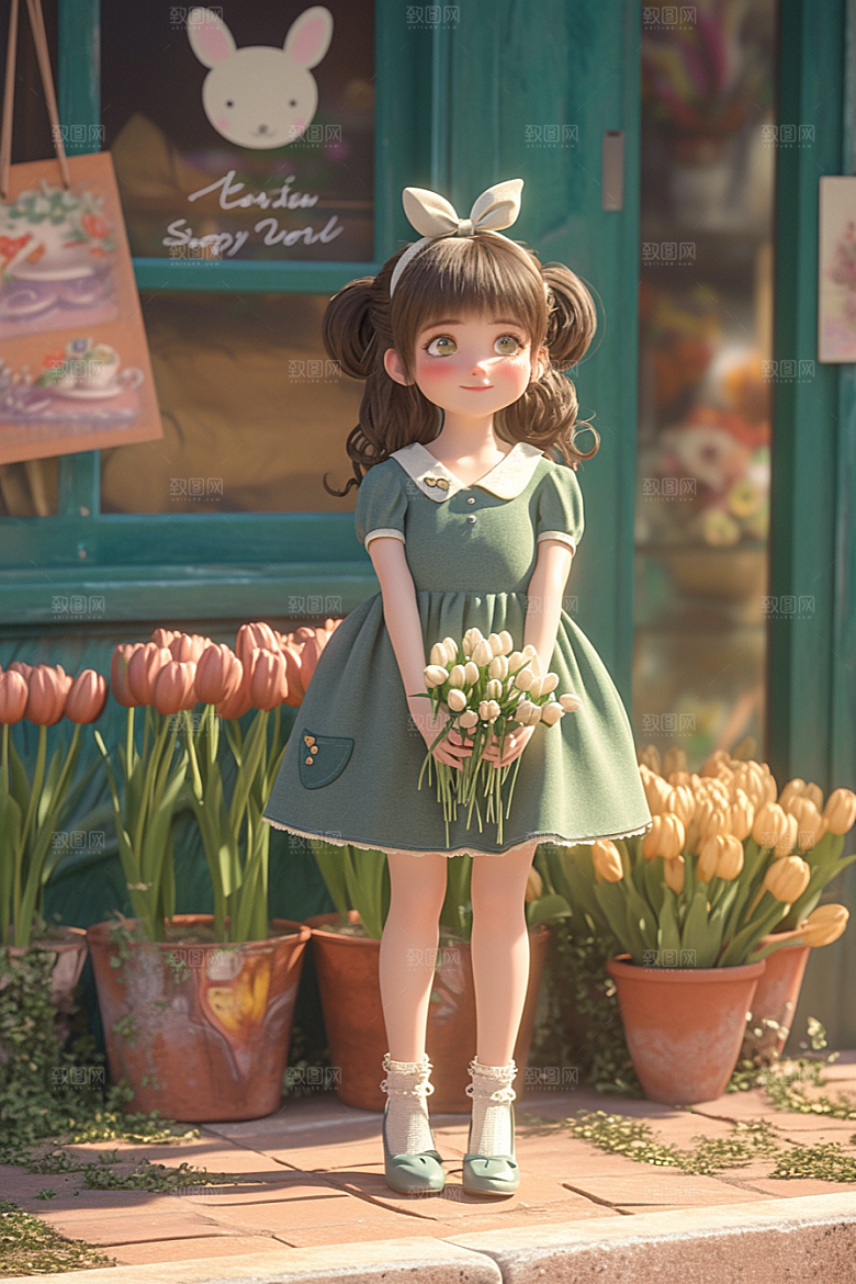 手捧鲜花的少女清新立体素材