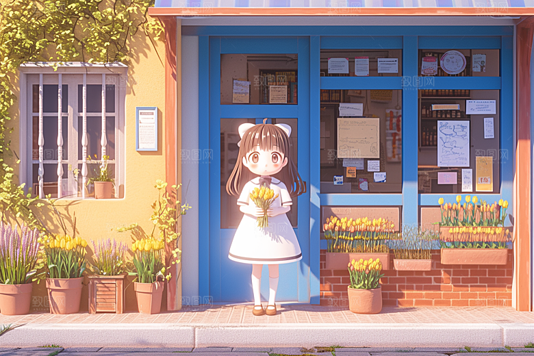 手捧鲜花的少女唯美肖像素材