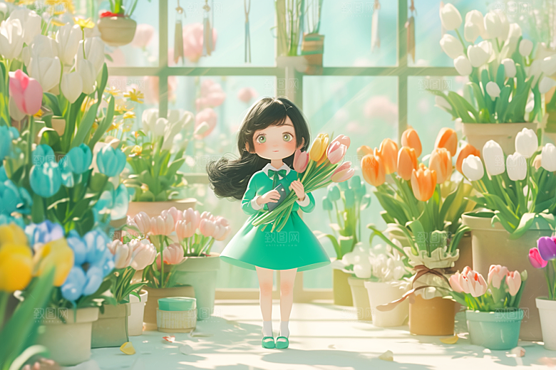 手捧鲜花的少女模型3D素材