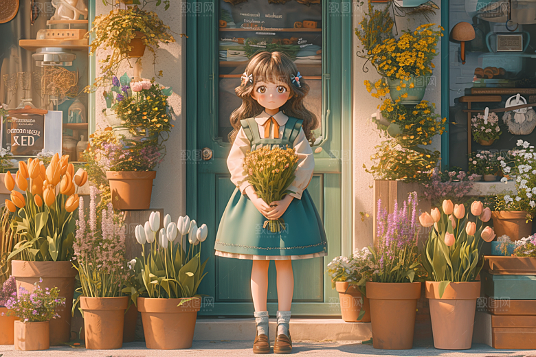 手捧鲜花的少女青春模型素材