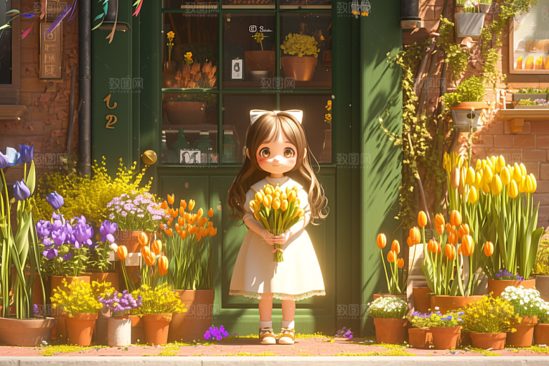 手捧鲜花的少女春天模型素材