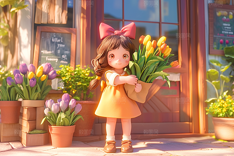 手捧鲜花的少女青春肖像素材