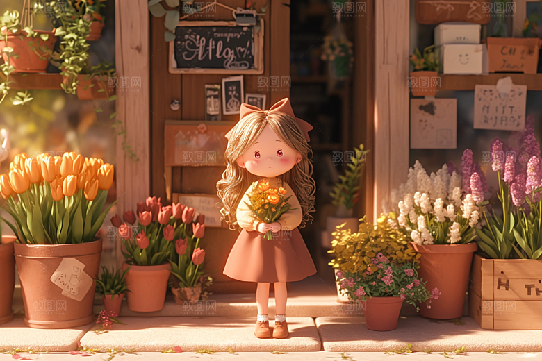 手捧鲜花的少女3D春天素材