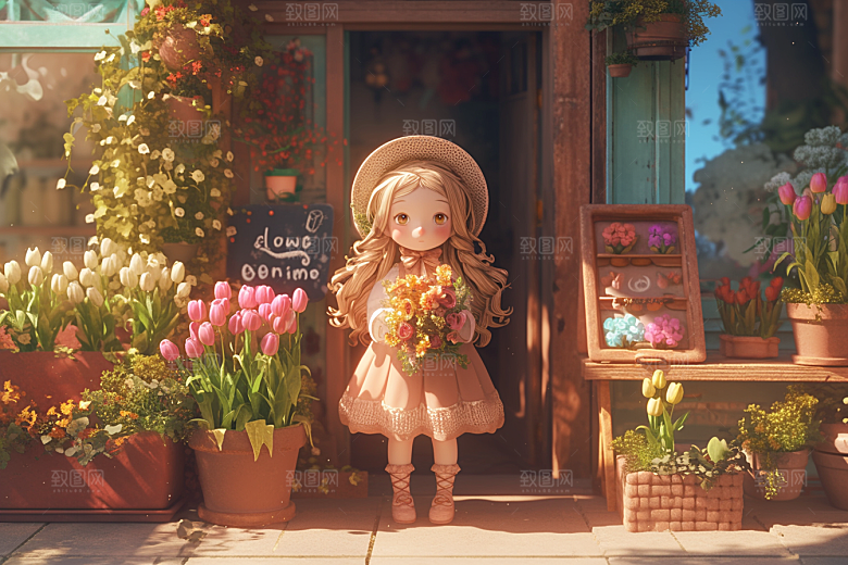 手捧鲜花的少女烂漫人物素材