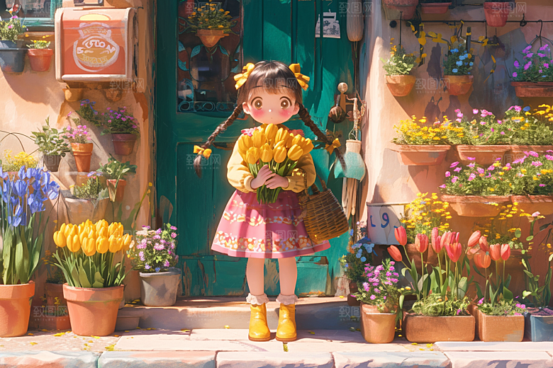 手捧鲜花的少女模型3D素材