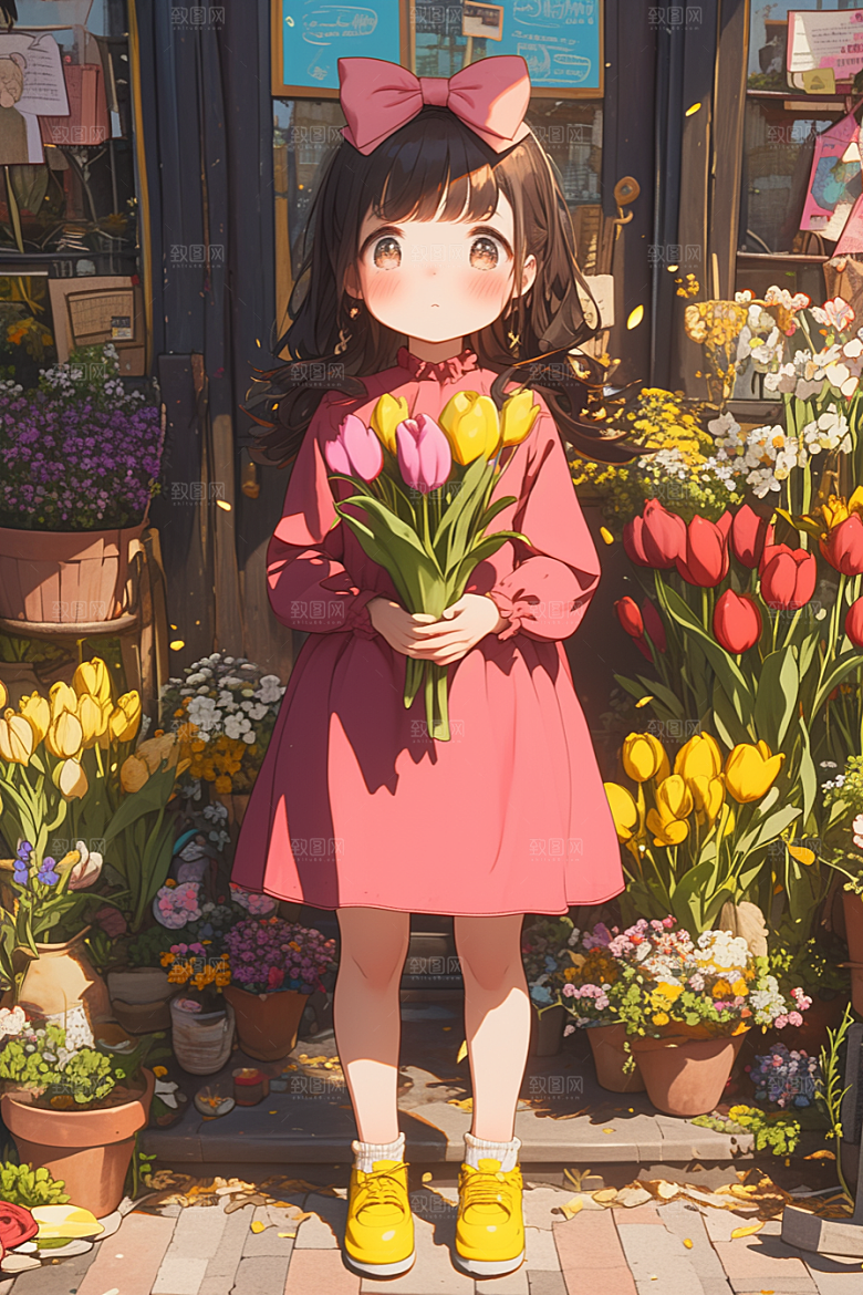 手捧鲜花的少女自然飞舞的裙摆素材