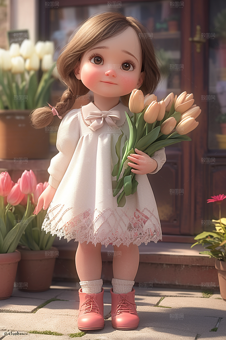手捧鲜花的少女清新花朵素材