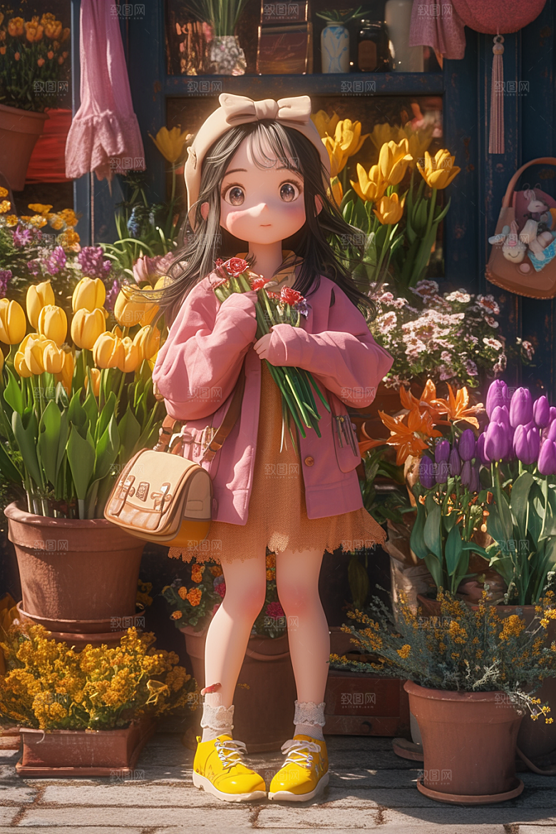 手捧鲜花的少女立体清新素材