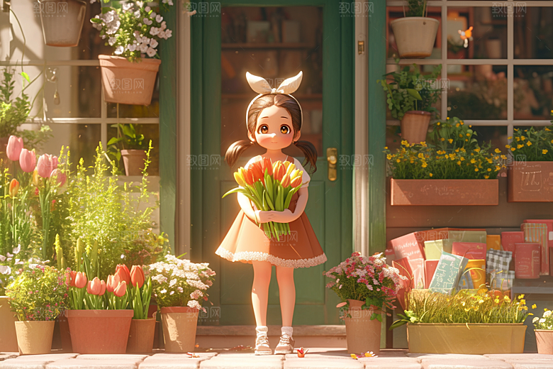 手捧鲜花的少女清新人物素材