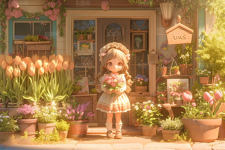 手捧鲜花的少女自然清新素材
