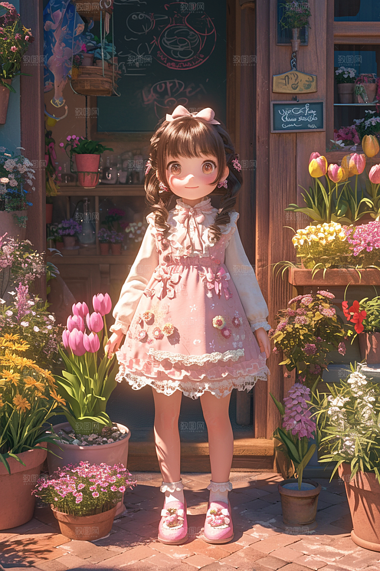 手捧鲜花的少女3D春天素材