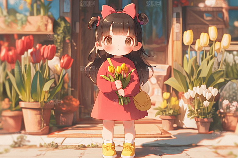 手捧鲜花的少女唯美模型素材